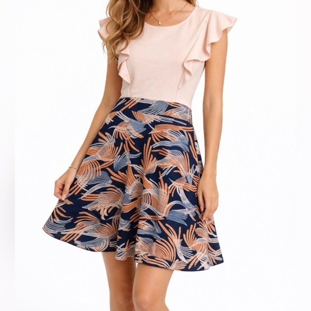 NWT Ecowish Ruffle Sleeve Fit & Flare Dress Blush & Navy Abstract Easter Spring